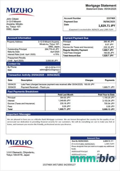 Japonia Bank Mizuho wyciąg z kredytu hipotecznego szablon Word i PDF